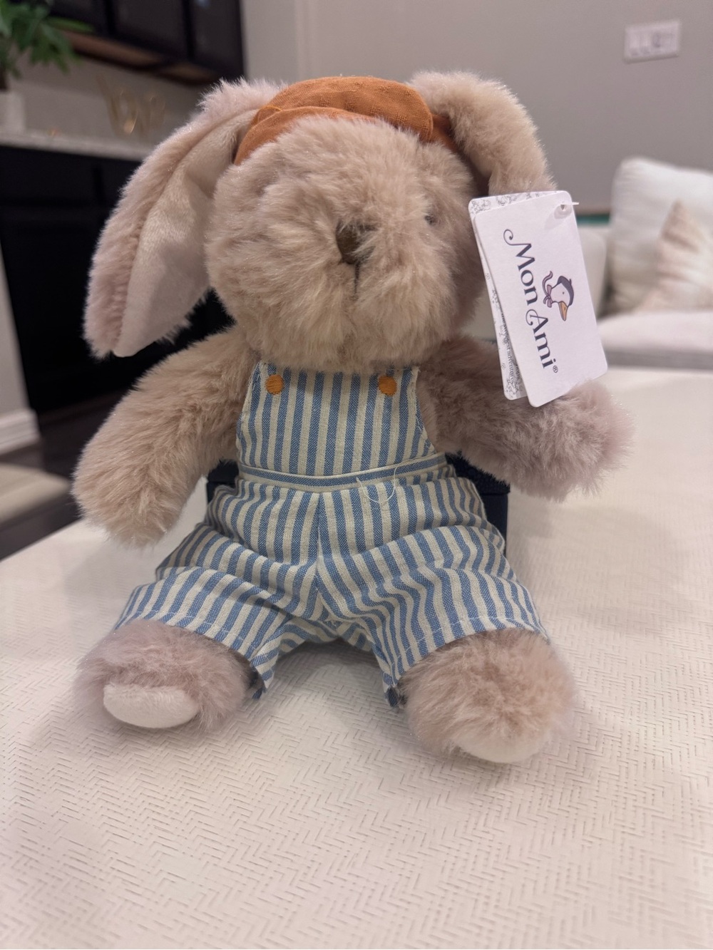 Mon Ami Plush Bunny in Cream with Blue Striped Overalls